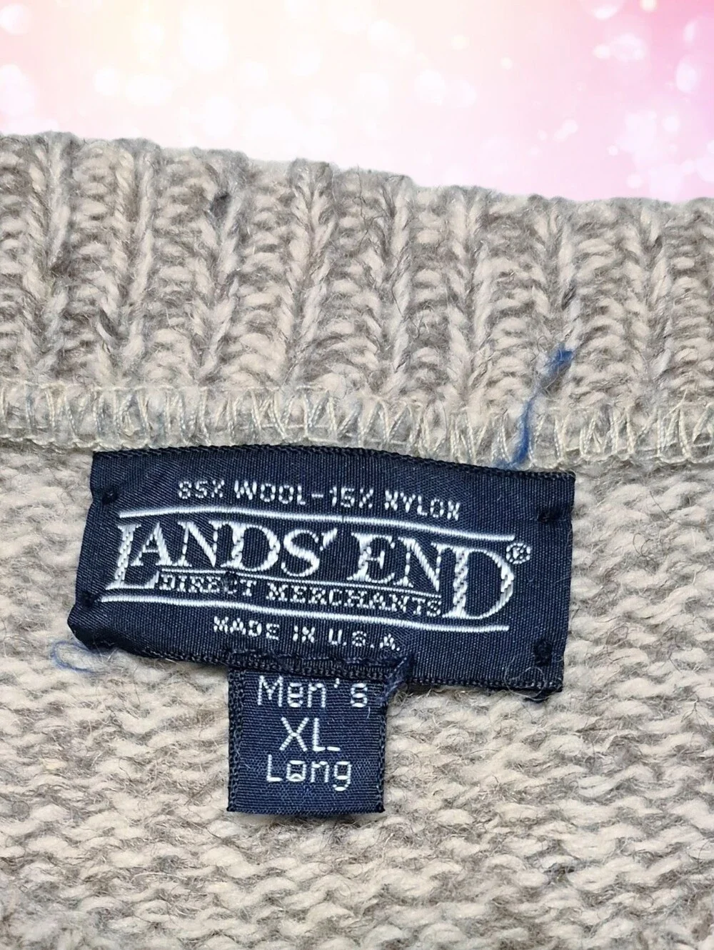 Lands' End Light Gray Mens Wool Sweater XL Long